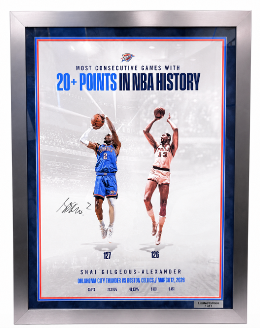 thundercares's tweet photo. The WCF Game 2 Auction is live ⚡️

Bid on exclusive Thunder memorabilia, including signed Chet, Shai, and Jaylin items, SGA &amp; Wilt framed poster, and more.

Bidding closes at the end of the 3rd quarter 💻 https://t.co/EPjKy8rQxC https://t.co/J6bPzBctKq