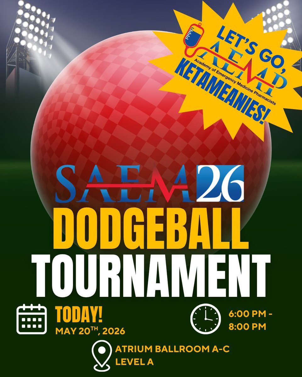 SAEM_AEMP's tweet photo. Come out and support AEMP's dodgeball team at the Annual SAEM26 Dodgeball Tournament TONIGHT at 6-8pm ET in the Atrium Ballroom A-C!
#AEMP25 #AEMP #AEMPlify #dodgeball #ketameanies https://t.co/hqqSTyoKQR