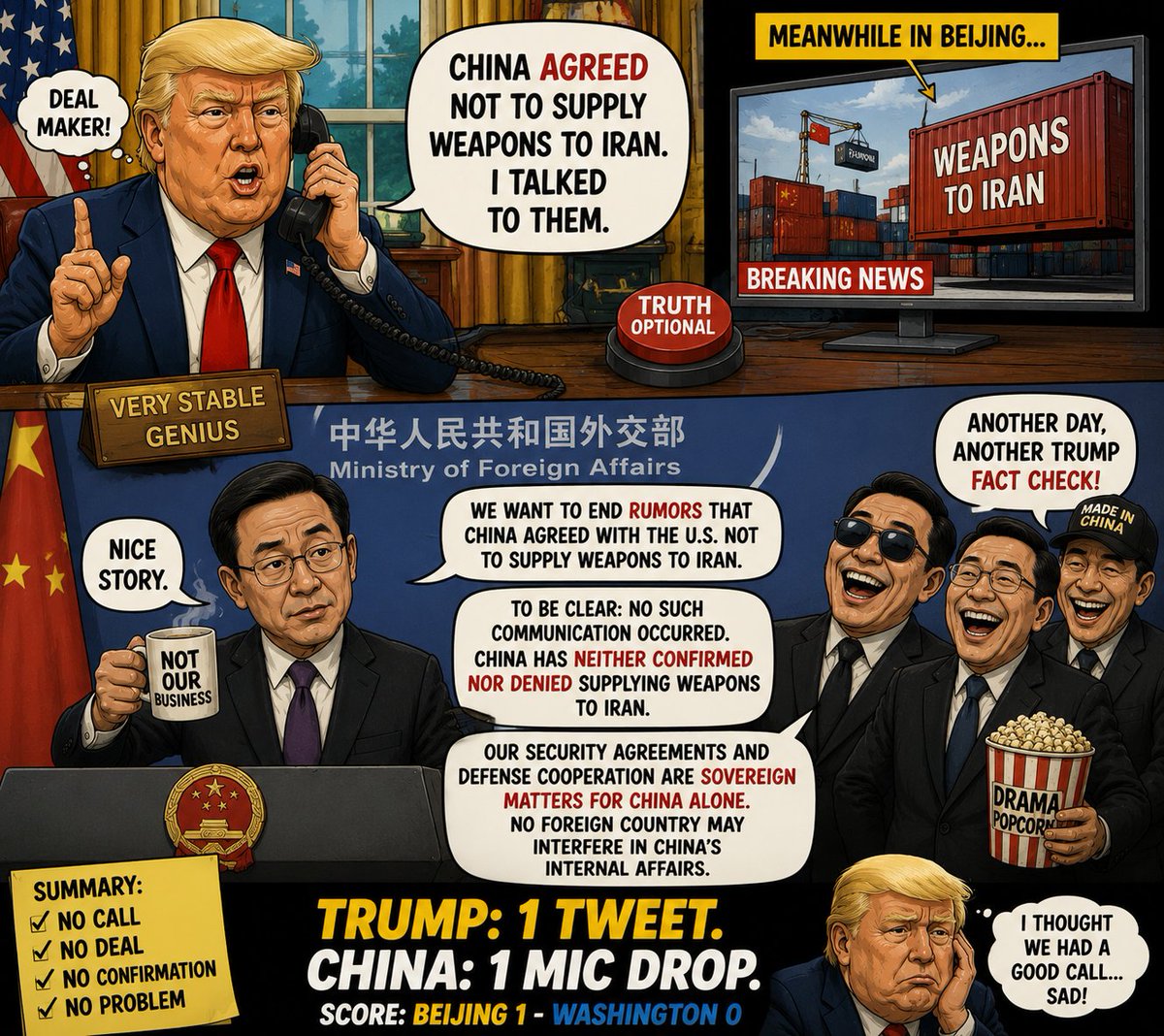 TirthRajSharma5's tweet photo. @_InfoGram_ “Trump says China agreed. China says no such conversation happened. The geopolitical drama right now is unreal. https://t.co/qqDr218GHB