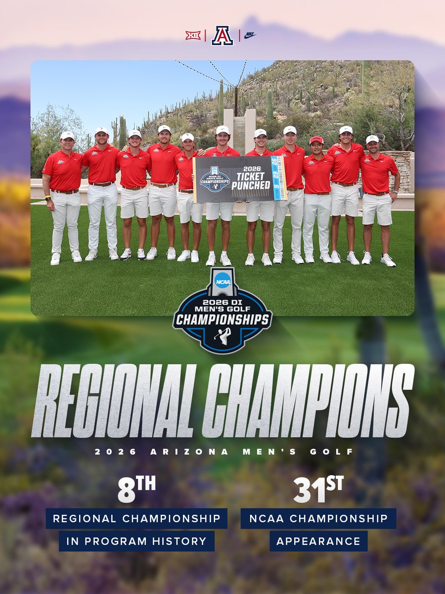 ArizonaMGolf's tweet photo. NCAA Regional Champions for the 8th time in school history!  

We will see you in Carlsbad, Calif. for the NCAA Championship starting May 29. https://t.co/1KA8sqaitE