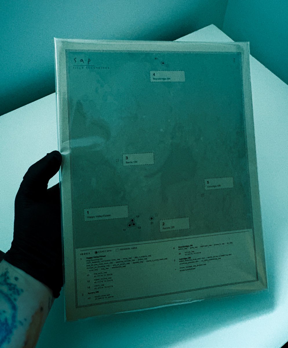 dbglovesyou's tweet photo. - a map with locations plotted for “sap” photos and recordings

- a vial of pine tree resin i (ethically) harvested

most have been delivered, but one artifact remains on my bandcamp for someone who wants to engage with the sounds in a new way 🌳

(3/4) https://t.co/8lCThgYAWt