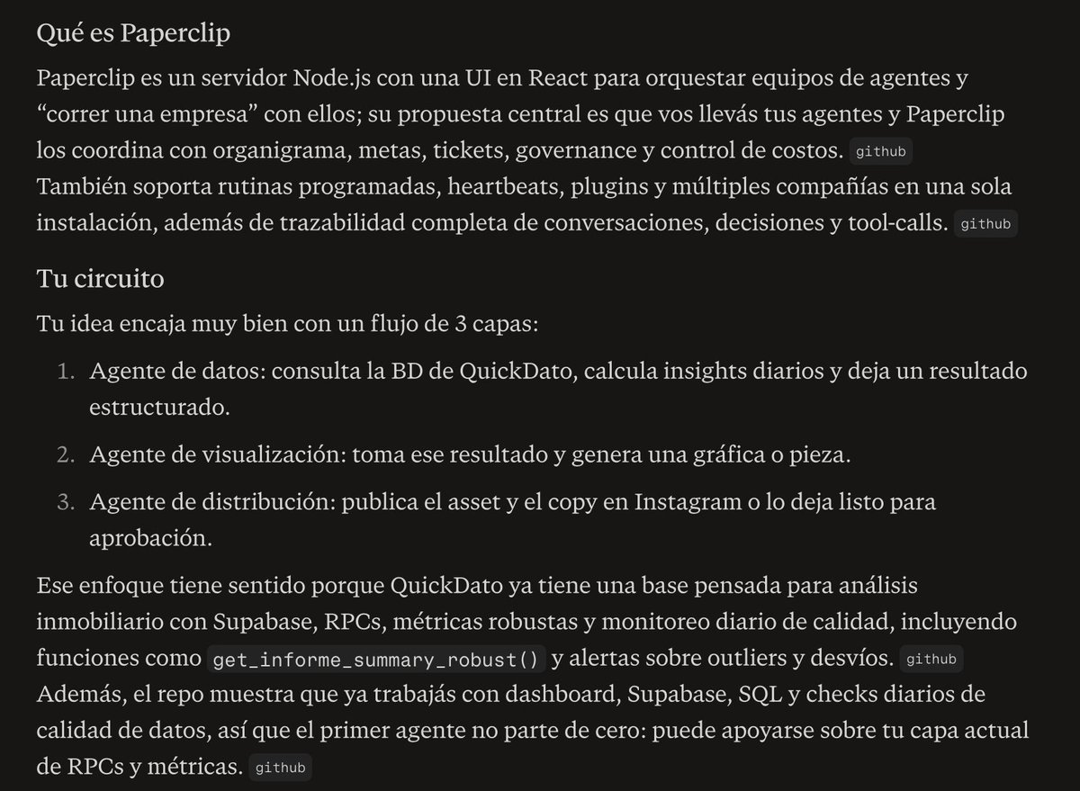 lucasmcasp's tweet photo. Estoy explorando cómo usar @Paperclip_AI  para orquestar agentes de IA que trabajen sobre datos inmobiliarios en https://t.co/NtfoOhYCrq
Voy a ir documentando acá lo que funcione (y lo que no) en este experimento de “zero human company” aplicada a real estate. https://t.co/msj45QeRGU