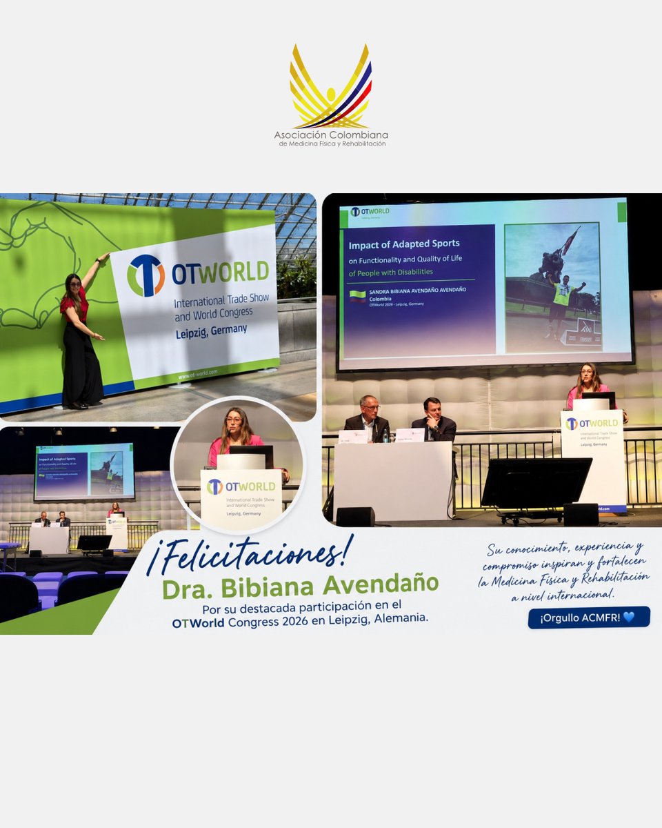 ACMFR's tweet photo. La ACMFR felicita a la Dra. Bibiana Avendaño por su destacada participación en el OTWorld Congress 2026 en Leipzig, Alemania.
Orgullo para la rehabilitación colombiana y su proyección internacional.

#ACMFR #OTWorld2026 https://t.co/eoNTeXEs9q