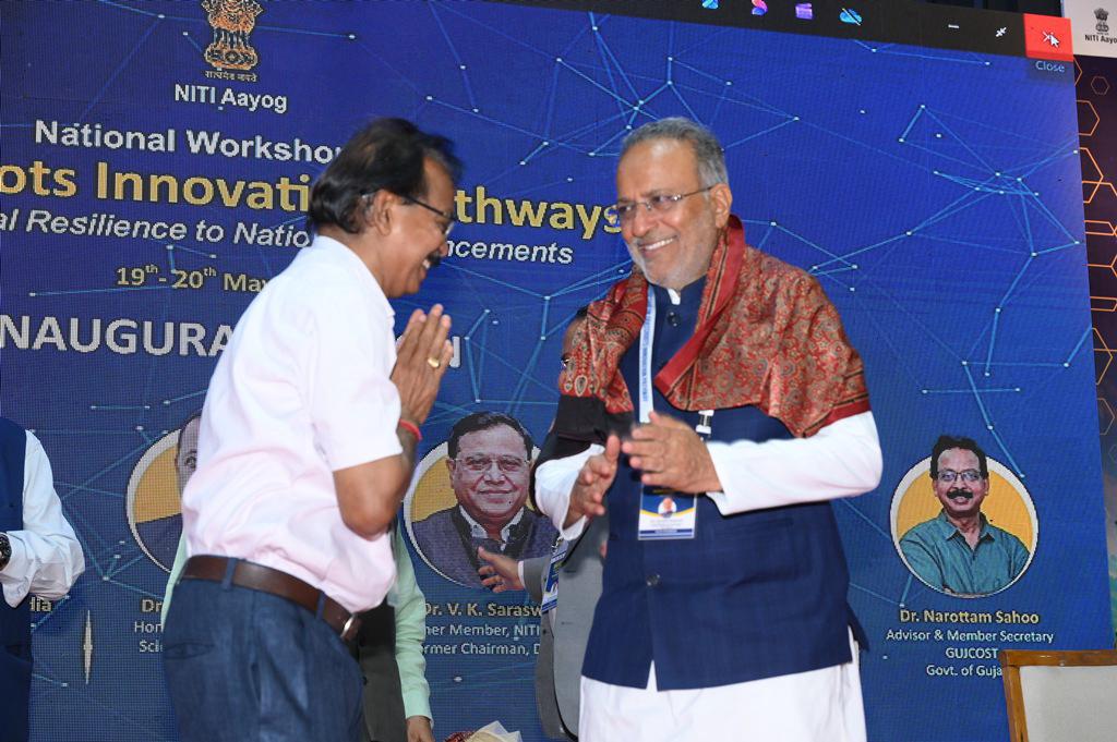 NITIAayog's tweet photo. NITI Aayog organised a two-day National Workshop on “Grassroots Innovation Pathways – From Local Resilience to National Advancements” on 19–20 May 2026 at Science City, Ahmedabad, Gujarat, in collaboration with the Gujarat Council on Science and Technology (GUJCOST) and the National Innovation Foundation – India. 

The workshop was graced by Dr. Jitendra Singh, Minister of State (Independent Charge), Science & Technology, Shri Arjunbhai Devabhai Modhwadia, Minister for Science & Technology, Government of Gujarat, and Dr. V.K. Saraswat, Former Member, NITI Aayog.

Dr. Jitendra Singh, Minister of State (Independent Charge), Science & Technology, highlighted the importance of grassroots innovation in advancing self-reliance and inclusive development. Shri Arjunbhai Devabhai Modhwadia, Minister for Science & Technology, Government of Gujarat, emphasised the need for stronger institutional support systems for grassroots innovators. Dr. V.K. Saraswat, Former Member, NITI Aayog, observed that India’s innovation landscape must increasingly integrate local knowledge systems and community-led problem-solving approaches within mainstream development planning.

The workshop featured discussions on institutional enablers, regional innovation ecosystems, and pathways for accelerating grassroots innovations. Interactions with innovators from across India showcased community-driven solutions addressing local challenges and reaffirmed the importance of grassroots innovation in advancing inclusive and sustainable development.

#PMOIndia #NITIAayog #GrassrootsInnovation #InnovationEcosystem #ViksitBharat2047