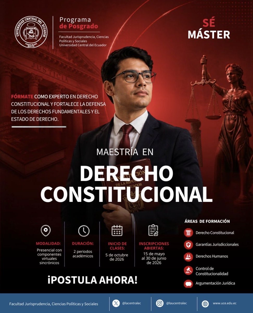 UcePosgradoFJ's tweet photo. El Derecho Constitucional no solo interpreta normas.
Defiende garantías, protege derechos y sostiene el equilibrio democrático de un país.
¡Prepárate para actuar en escenarios donde el criterio jurídico marca la diferencia!
#sémáster 📷 Más información: 0998542327 https://t.co/7eodgNC2ZD