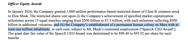 fiscal_ai's tweet photo. Elon Musk's compensation at SpaceX is based on market cap hurdles, and...

"The Company's establishment of a permanent human colony on Mars with at least 1 million inhabitants"

$SPCX https://t.co/CQx6AaJCTp