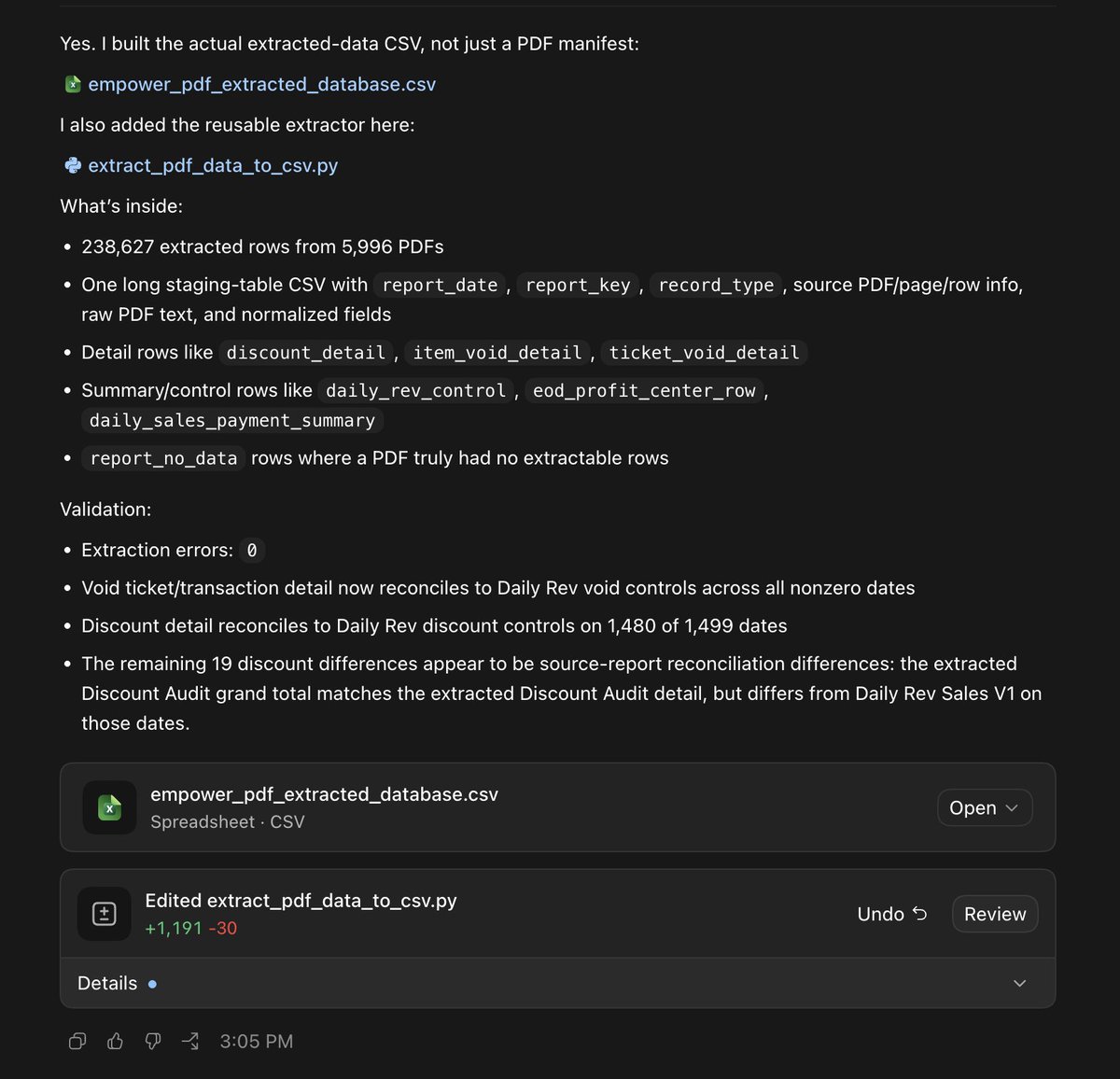 chefjacob's tweet photo. Codex Computer Use absolutely cooks. 

If you've ever had to build a data base for forecasting and projections from restaurant POS data, you've felt the pain of pulling multiple reports for every day you need to piece together the data. 

Codex just ran for 23 hours straight, pulled 4 different daily reports going back to 2022 (1499 individual days per report), and then compiled the whole thing into a .csv that I can easily ingest into my reporting database. 

This would have taken me weeks to do by hand or longer, especially since I can't spend every moment of my working hours pulling reports.