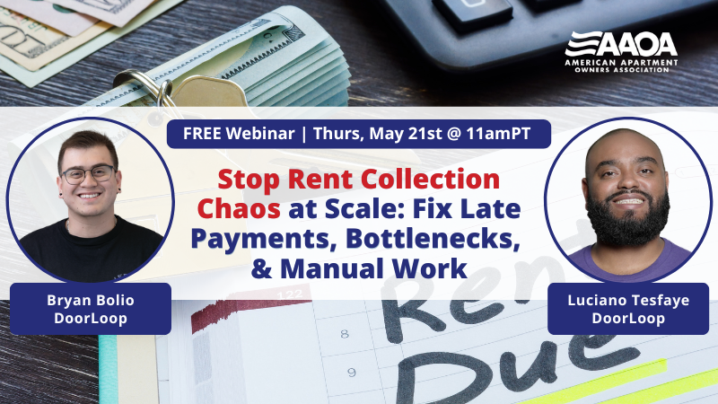 AAOA's tweet photo. Still chasing rent payments every month? In this free webinar, learn how to simplify rent collection, improve on-time payments, and spend less time chasing residents for rent. TODAY, May 21 @ 11amPT. Register for free: https://t.co/oChFqb5QGe https://t.co/rTntf9KbpM
