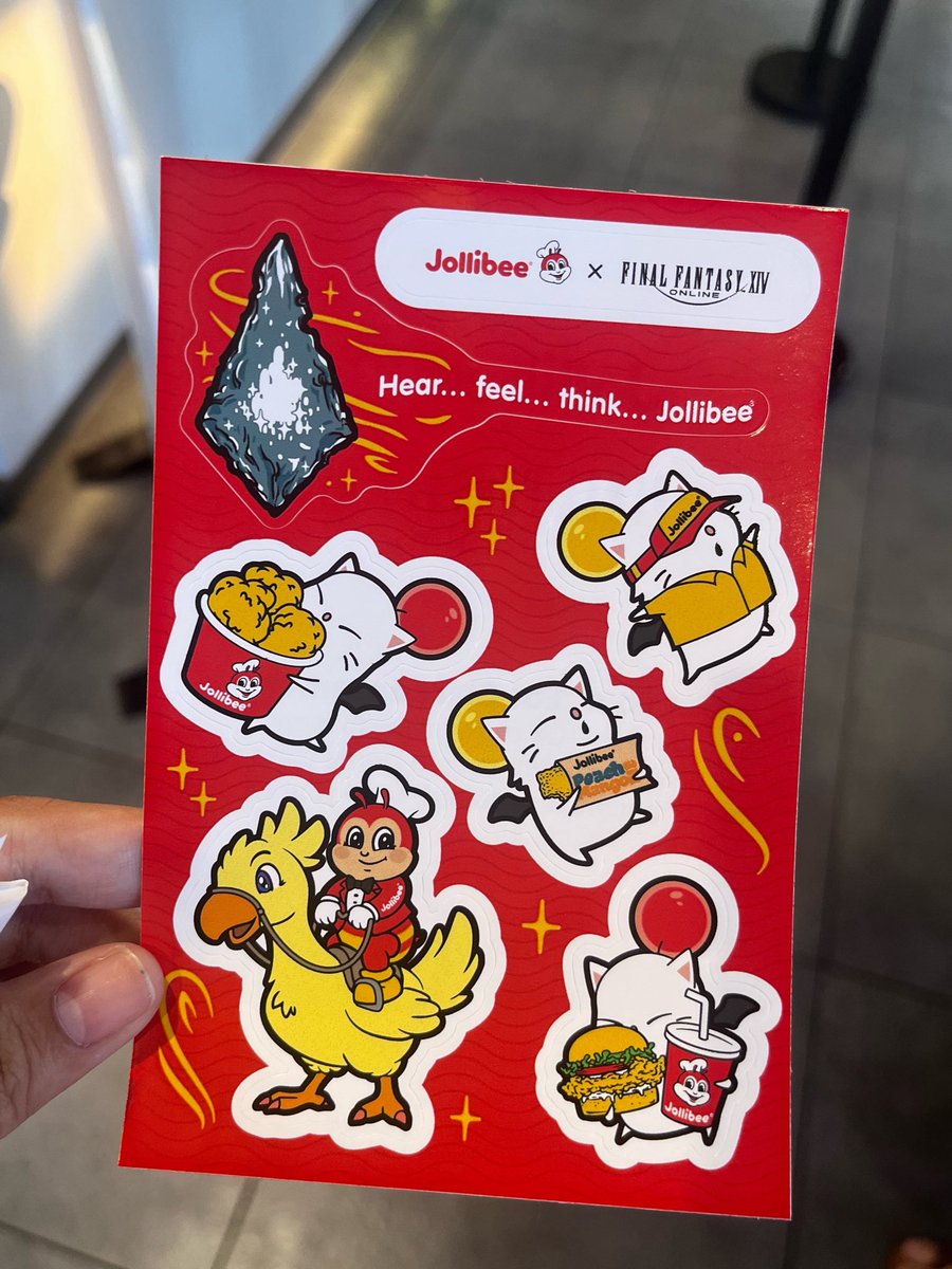 SilverSolarisVT's tweet photo. GAH . . ? i didn't know jollibee collaborated with final fantasy online 

i got a sticker sheet ! https://t.co/YlvmVct9eB