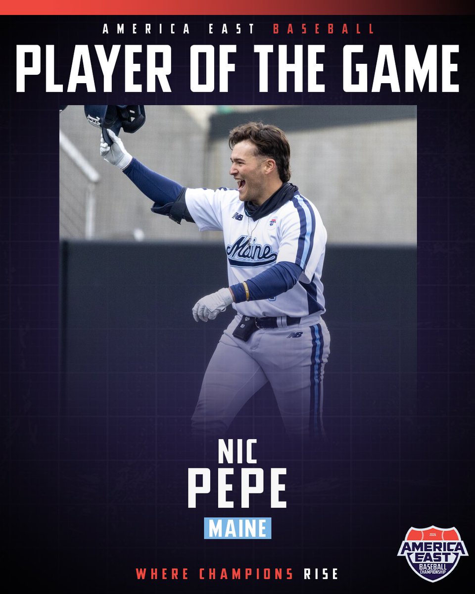 AmericaEast's tweet photo. Nic Pepe is the Player of the Game!  

He had three hits with three runs and four RBI to help advance the @MaineBaseball to round two. https://t.co/Dengsw5GHD