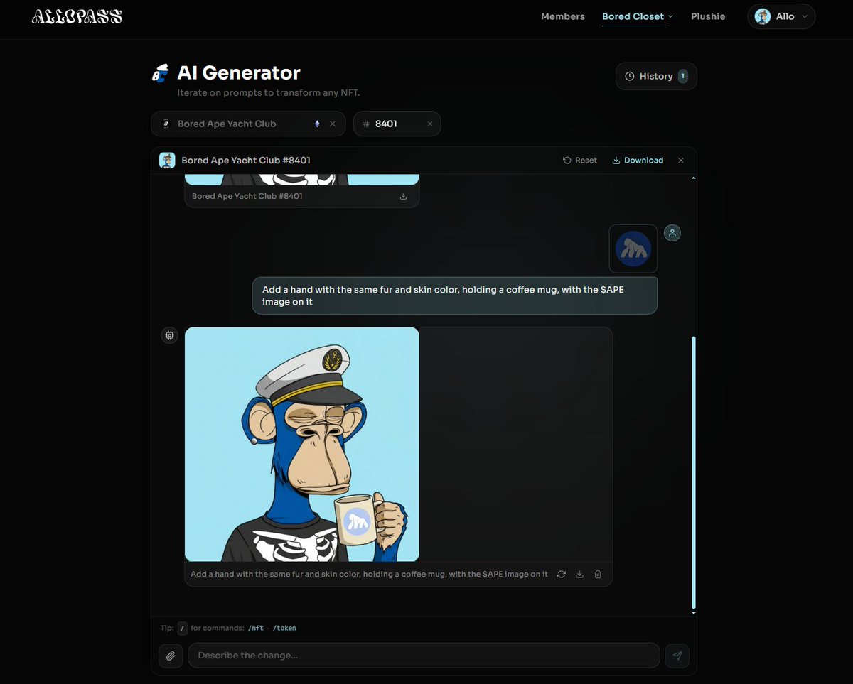 allodev's tweet photo. Bored Closet AI Generator is back 🥳

You can use it for mostly any collection out there, just a simple prompt to transform your NFT.

Only for AlloPass holders! https://t.co/0GIFUT6hEK