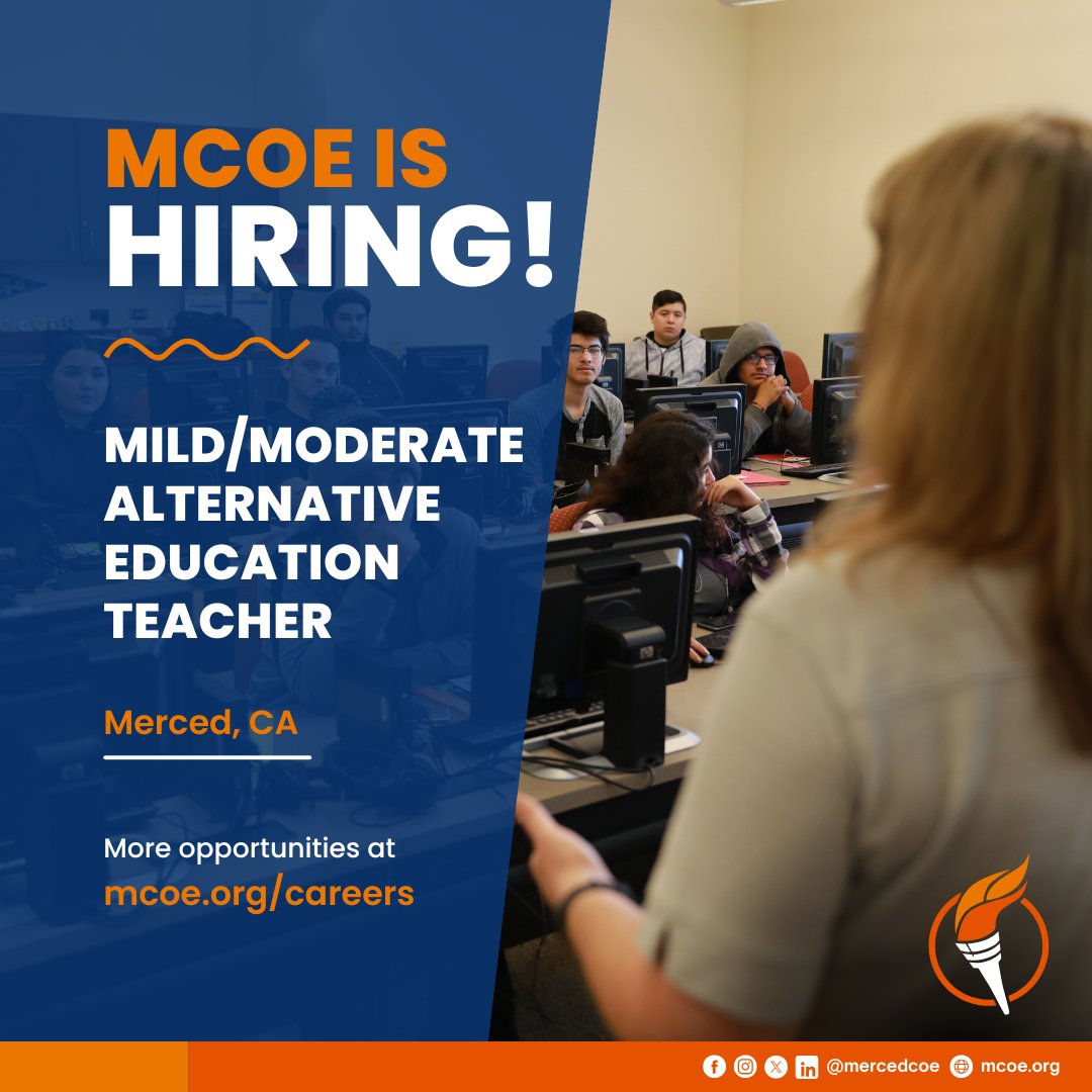 MercedCOE's tweet photo. 📢 Job Announcement:

Mild/Moderate Alternative Education Teacher (Merced Valley Community School) 
Location: Merced, CA

👉 Apply here: https://t.co/TXR0BrUqWH 

#MercedCOE #MercedCounty #MercedJobs https://t.co/q8uF4I0gTJ