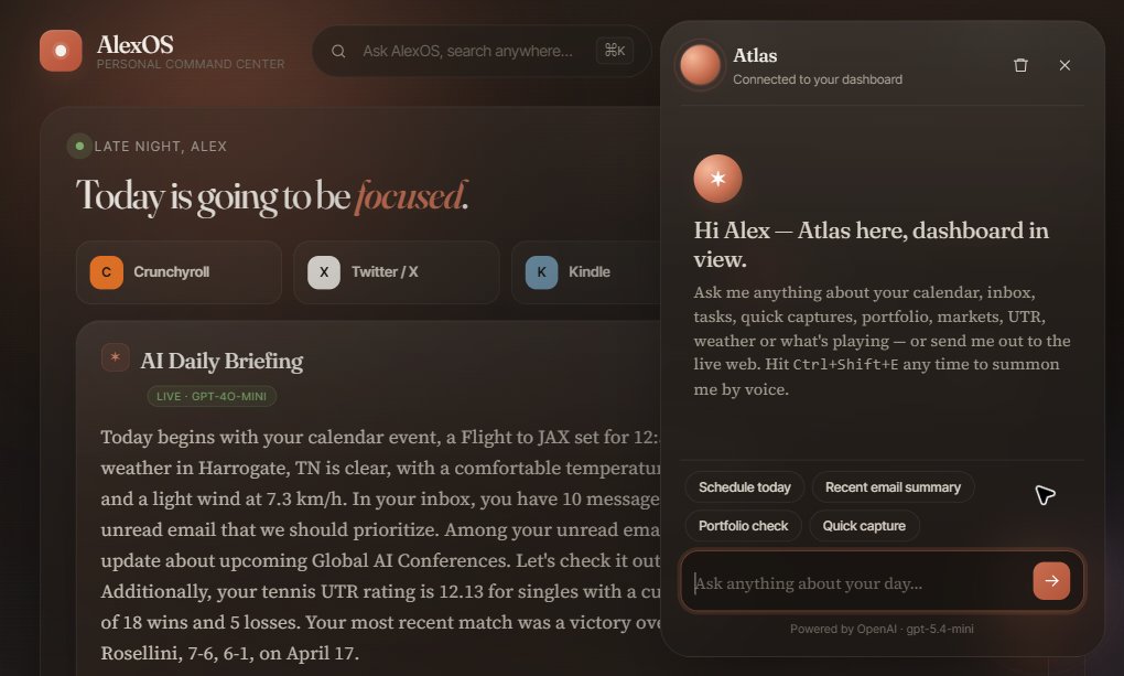 AlexGiurea22's tweet photo. AlexOS is my personal command center: calendar, tasks, email, markets, Spotify, projects, and an AI layer on top.

The interesting part is not the dashboard.

It is when the interface already knows the state of your day before the assistant answers. https://t.co/lit2MWvuED