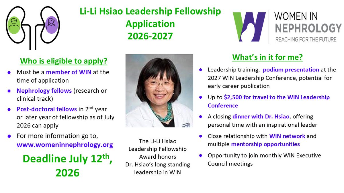 womeninnephro's tweet photo. One month left to apply for the 2026–2027 Li-Li Hsiao Leadership Fellowship.

Benefits include leadership training, WIN mentorship, EC exposure, conference presentation, and travel support.

Deadline: July 12, 2026

Apply here:
https://t.co/ophGz7pfLD https://t.co/Z5xI1k1xk8