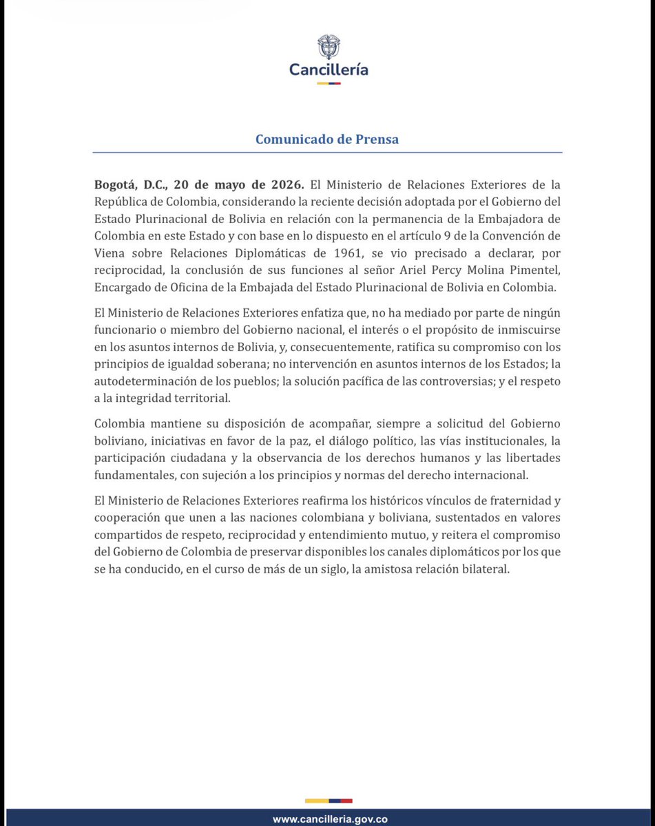CancilleriaCol's tweet photo. Comunicado de prensa del Ministerio de Relaciones Exteriores de la República de Colombia, considerando la reciente decisión adoptada por el Gobierno del Estado Plurinacional de Bolivia. https://t.co/wlR67p88Wt