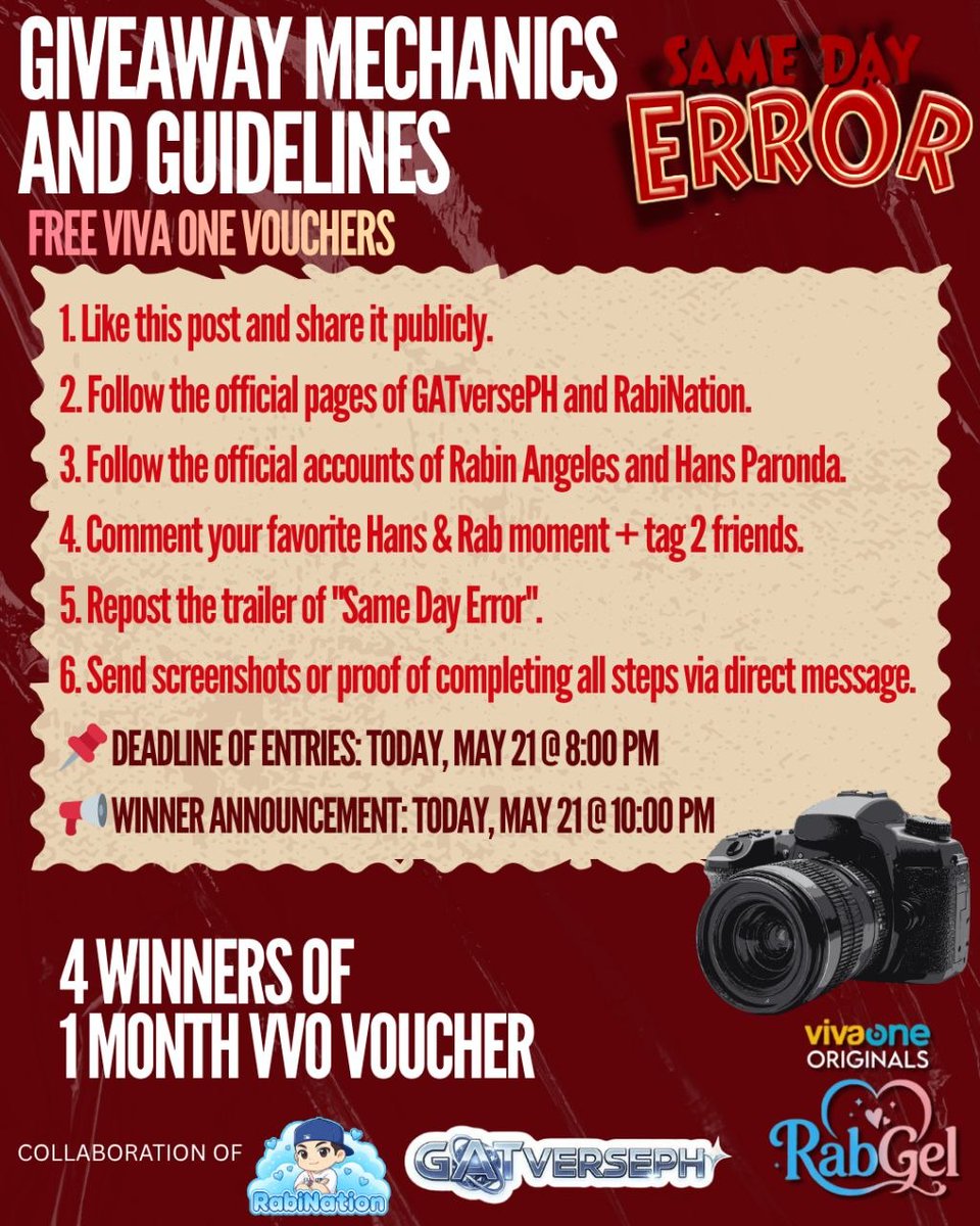 _rabiNation's tweet photo. Big news! π Same Day Error premieres tomorrow exclusively on Viva One! π¬β¨
Celebrating with a special collab giveaway by GATversePH& Rabination π©΅
Stream legally & join the giveaway! π«Ά
#SameDayError #RabiNation #GATversePH #RabinAngeles #HansParonda https://t.co/pO1sGxOT9l