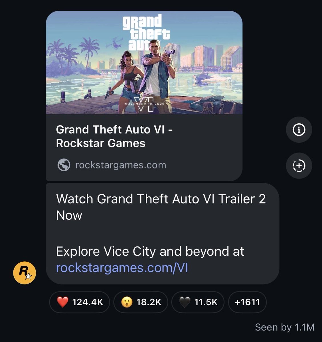 Gta6Cook's tweet photo. Rockstar’s Instagram channel has only 2 posts:

- Trailer 1
- Trailer 2

Can you guess what the 3rd post will be? 😭 https://t.co/SpJjUGYMYz
