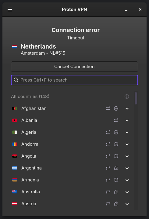 Contmotore's tweet photo. @ProtonVPN  I am having trouble connecting to one of the servers in the Netherlands. Yesterday it was still working, but everything was very slow... Now it isn't working at all. What is going on? https://t.co/nHT3EQqRo4