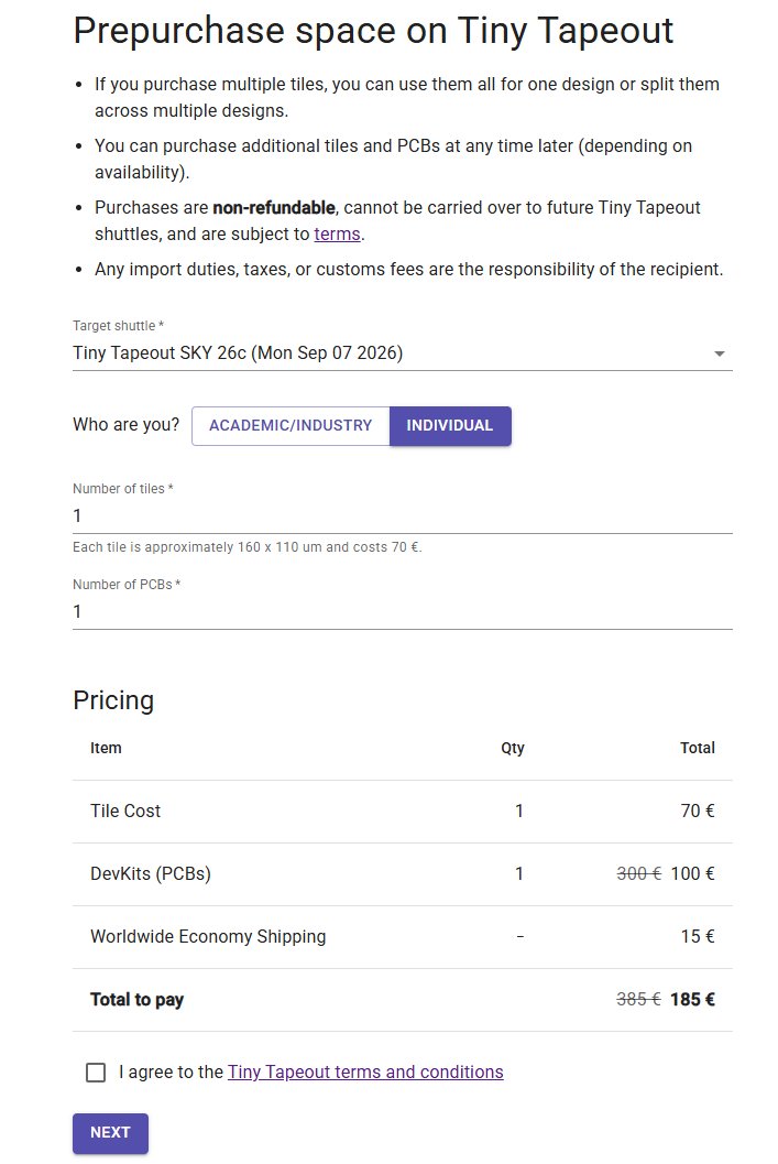 gojimmypi's tweet photo. @no1089 @tinytapeout Compared to regular ASICs, Tiny Tapeout is very inexpensive.

As little as 185 euro for individuals, 1 tile plus devkit; for instance the ttsky shuttle in 3 months.

https://t.co/oPXmZ13x3h https://t.co/MuiRwFdxMi