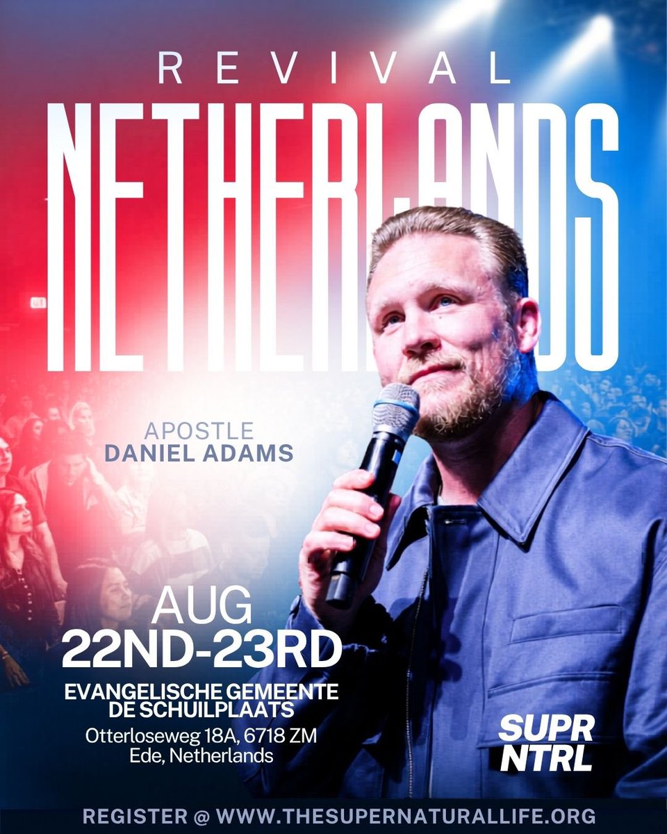 TSNLDAN's tweet photo. Netherlands your time is now! 🇳🇱 🔥 

Apostle Daniel and the TSNL team are headed your way for revival August 22nd-23rd in Ede. 

Get ready to receive breakthrough, deliverance, and miracles like never before! 

Do not miss this! Register for free now using the link in bio! 
Comment “REVIVAL” if you’ll be there! 

#revival #tsnl #apostledanieladams #netherlands