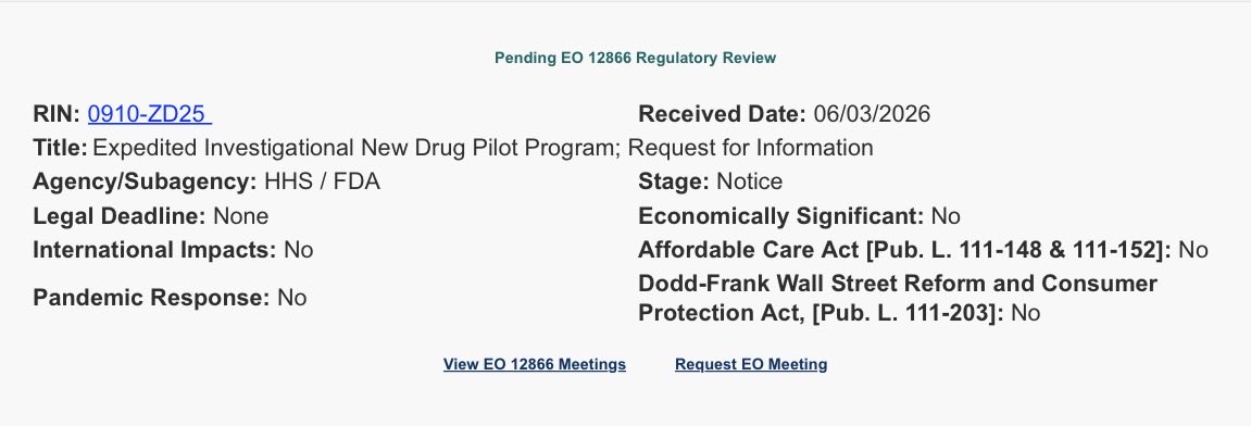 SebastianCaliri's tweet photo. Here we go, it looks like HHS and FDA are getting ready to pilot an expedited IND process, following the proposal to implement something in the 2027 FDA budget.

This is a win for American biotech! https://t.co/Cjwj2mruRV
