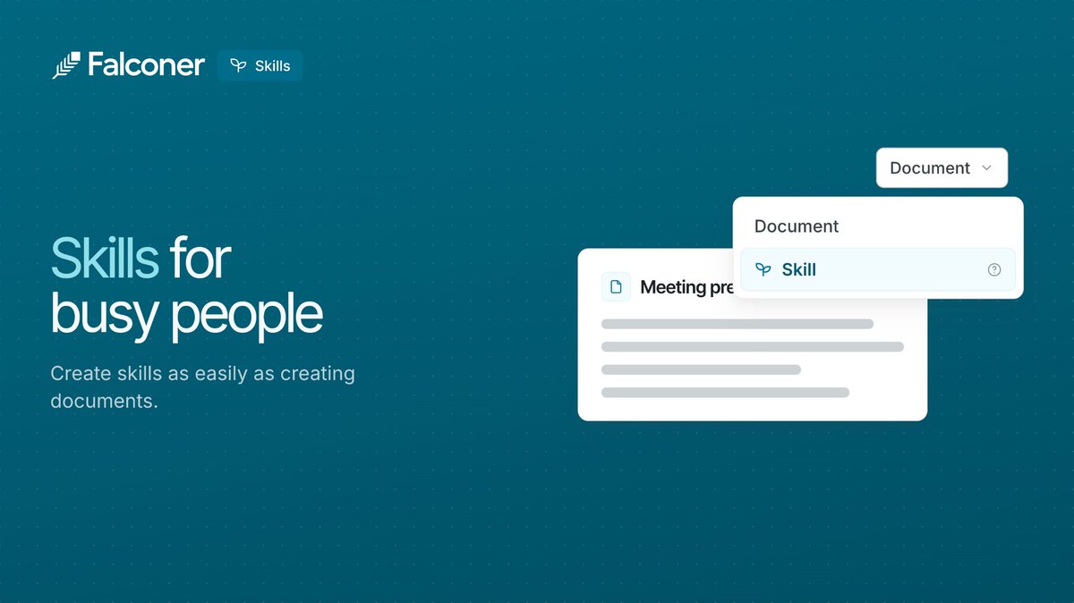 falconer_ai's tweet photo. Falconer skills + your company brain = tasks that run themselves.

Tell Falconer what you want the skill to do, or write the instructions yourself. 

Flip the doc type to Skill, and it's ready to be called with your context baked in — docs, code, Slack, tickets, and meetings. https://t.co/7Uypkm9T4u