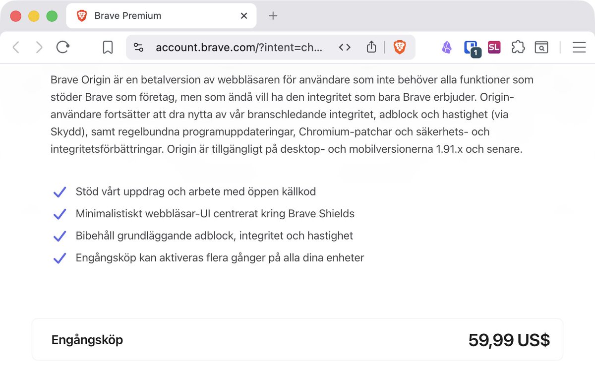 KarlEmilNikka's tweet photo. Brave Origin är nu tillgängligt för alla! Du slipper all bloatware och stödjer utvecklingen för en engångsavgift à 60 dollar. Möjligheten att stänga av bloatware-funktionerna gratis kvarstår. 

Här är poddinslaget där vi pratade om Origin: https://t.co/L1n9FpOvil

#BraveOrigin https://t.co/NaeXZ8yoMx