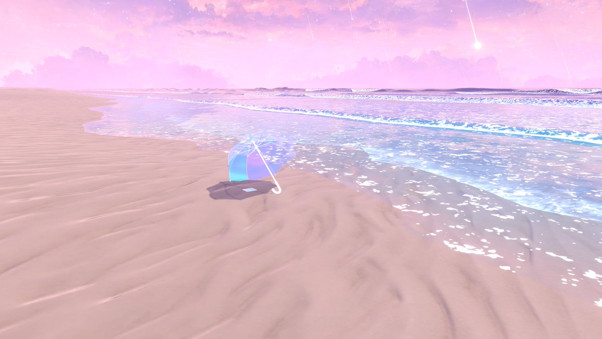 coppelia4's tweet photo. フィーちゃん散策～
星が降る夜明けの空が素敵なワールドです
波打ち際には机が幾つにも重なっており傍に星のインテリアも置いてありますよ
雰囲気も良くのんびりと過ごすのもいいですね♪
world: 星屑の記憶
Author: Cupitan 様
#VRChat_world紹介 https://t.co/6zgg2PdTIx