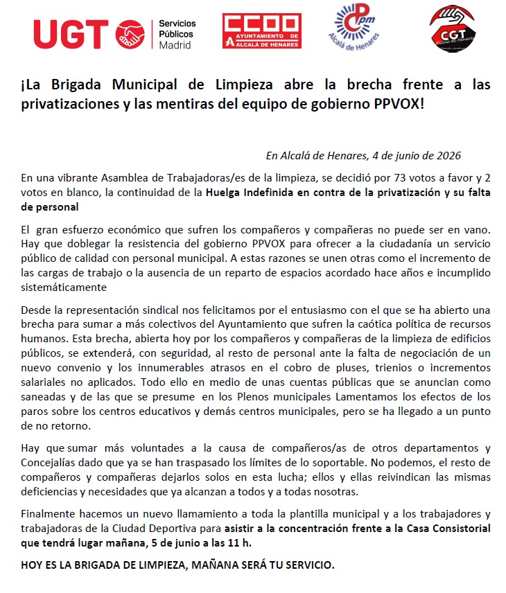 CGTAYTOALCALA's tweet photo. La huelga indefinida en la Brigada de Limpieza del @AytoAlcalaH  está siendo secundada por más de un 80% de la plantilla. Ayer, en Asamblea se votó continuar por abrumadora mayoría. Los sindicatos convocantes lo celebramos y animamos al resto de la plantilla a apoyarla https://t.co/jlz5TKhcBi