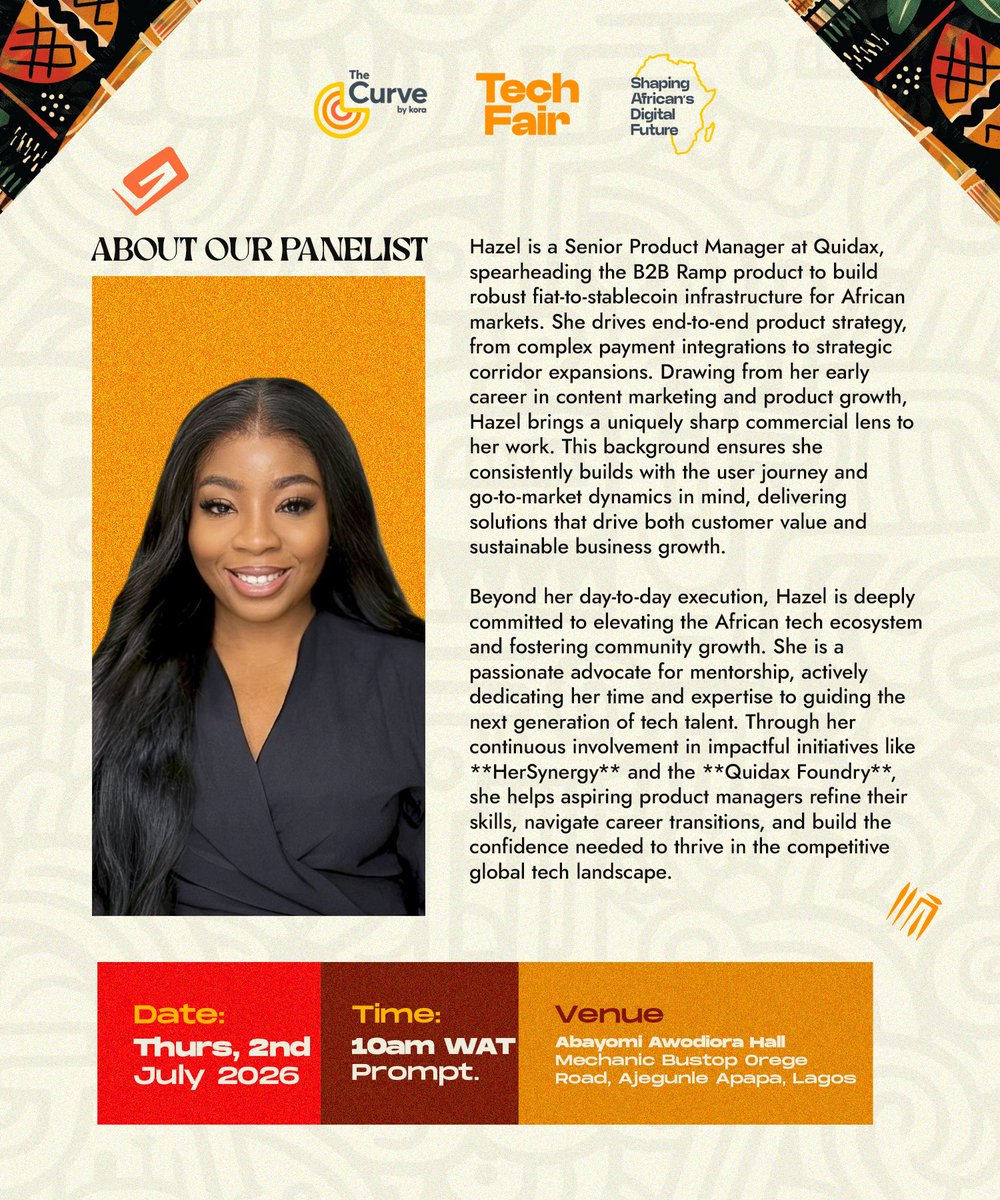 thecurveafrica's tweet photo. We are excited to have Hazel Agoni join us as one of the panelists at our upcoming Tech Fair!

Hazel is a Senior Product Manager at @QuidaxGlobal 

Secure your spot today
https://t.co/AGzoJjktyJ

#TheCurveAfricaTechFair #TechFair2026 #TechInAfrica #AfricaTech #InnovationAfrica https://t.co/rKmCUN0fDo