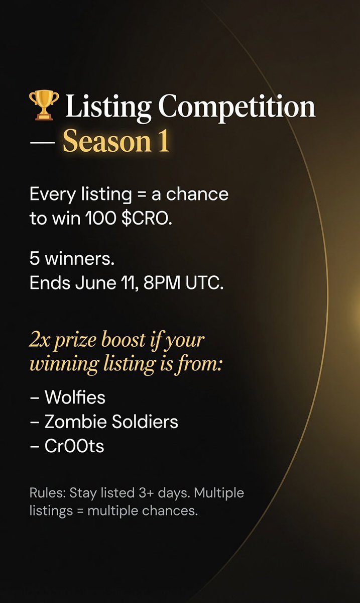 tyrosmarket's tweet photo. 🏆 Listing Competition — Season 1

Every listing = a chance to win 100 $CRO.

5 winners. 
Ends June 11, 8PM UTC.

2x prize boost if your winning listing is from:
– Wolfies
– Zombie Soldiers
– Cr00ts

Rules: Stay listed 3+ days. 
Multiple listings = multiple chances. https://t.co/Eh3U3b35lQ