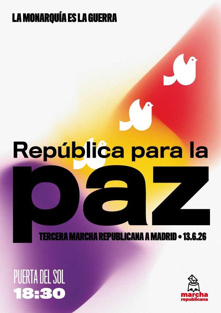 Republica16J's tweet photo. 🟥🟨🟪 ¡Apenas queda una semana para la III Marcha Republicana!

Como todos los años, sobran razones para que se vayan los Borbones, pero este año hemos querido centrar nuestro mensaje en un clamor unánime: ¡No a la guerra!

#UnaSemanaParaLaMarcha13J https://t.co/v1ATiu9ua8