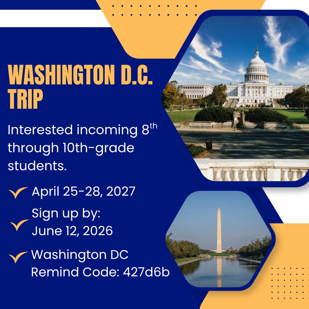 BA_Hatchets's tweet photo. Let's Go Explore! 🚌

Incoming 8th through 10th-grade Hatchets interested in going on the 2027 Washington D.C. Trip should sign-up by filling out registration papers found in the BAHS office by June 12, 2026. Stay up-to-date on the latest info by following on the Remind app. https://t.co/11e9Mtajsf