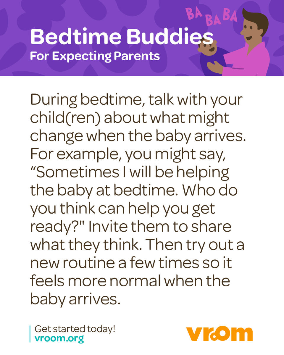 joinvroom's tweet photo. Bedtime might look a little different soon. 🌙

If you already have a child, this is a moment to start talking about what could change and what might stay the same. Practicing a new routine now can help everyone feel more ready.

This tip helps you prepare together. 🧠 https://t.co/3xHl2qdZmN