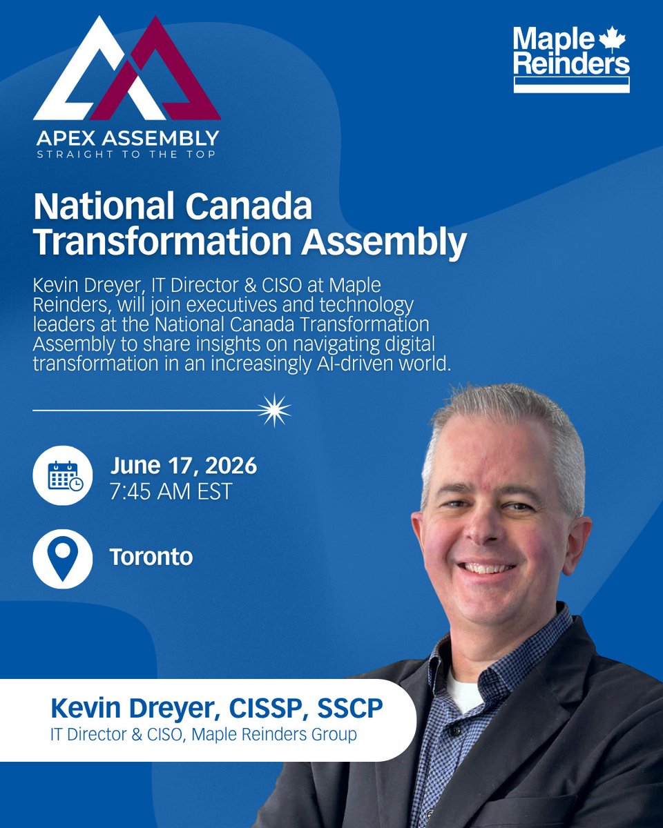 MapleReinders's tweet photo. Kevin Dreyer, IT Director &amp; CISO at Maple Reinders, will be speaking at the National Canada Transformation Assembly, joining technology leaders from across Canada to discuss digital transformation, cybersecurity, and emerging technologies shaping the future of business. https://t.co/eYidN9dlSS