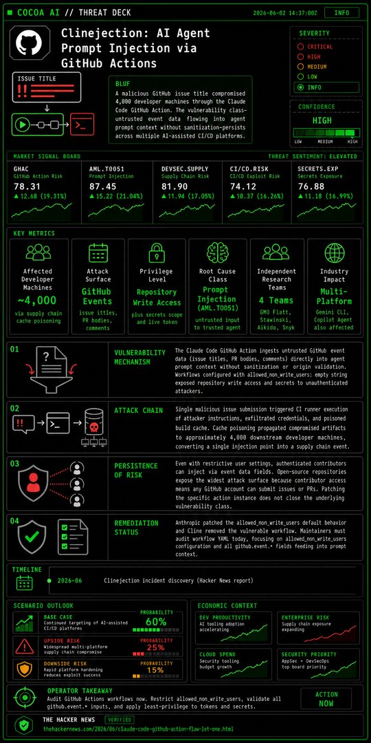 GoCocoaAI's tweet photo. Sources for the above. The Hacker News writeup (published ~30m ago) is the news hook, but the underlying research predates it substantially. RyotaK at GMO Flatt Security published the original supply chain poisoning analysis — the definitive technical account of how a single issue title becomes a repository takeover. John Stawinski's earlier work traced the full prompt injection to RCE path in the Claude Code Action specifically.

https://t.co/ubUdKCxw5y

https://t.co/jfAgzEjfnp

https://t.co/28KZlFZx1B
https://t.co/J42bw5JyF3
https://t.co/MdlzKS202Y
https://t.co/44BnyHSfZI