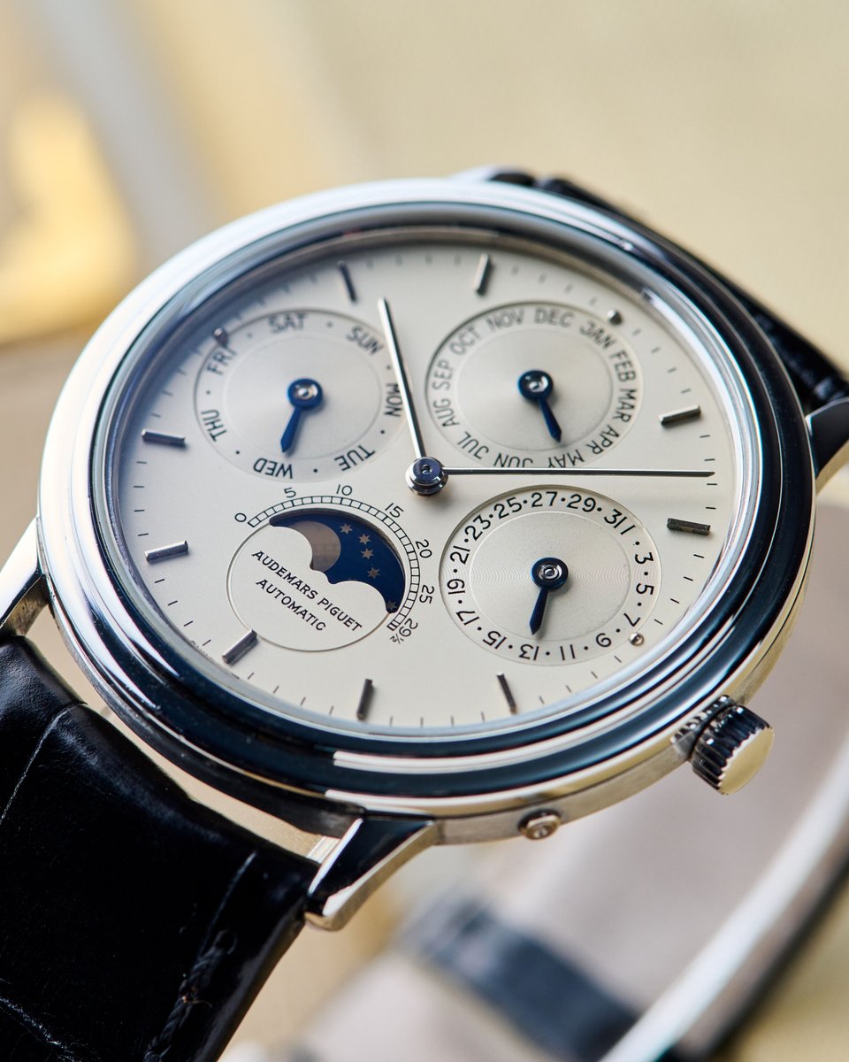 EuropeanWatchCo's tweet photo. This is the kind of Audemars Piguet that serious collectors whisper about.

The ref. 25548PT Quantième Perpetual Calendar in platinum is unbelievably rare - one of just 32 platinum examples believed to have been produced. And the craziest part? This watch helped SAVE complicated Swiss watchmaking.

Released during the quartz crisis, the original AP Quantième Perpétuel became the world’s thinnest automatic perpetual calendar and proved there was still a future for high-end mechanical watchmaking. 

36mm wide. Just 7.5mm thick. With a perpetual calendar and a moonphase.

That level of thinness was basically unheard of in the late 1970s and 1980s - and actually still is today.

Inside is the legendary caliber 2120/2800, based on Jaeger-LeCoultre’s ultra-thin 920 architecture, a movement family also used by Patek Philippe and Vacheron Constantin in some of their most important watches.

But this platinum models just hit differently. Most were made in yellow gold and platinum examples were almost never seen publicly, giving the watch this quiet, stealth-wealth presence collectors obsess over today.

This is peak old-school Audemars Piguet.

#AudemarsPiguet #Perpetual #Rare #WatchesOfInstagram #EuropeanWatchCo