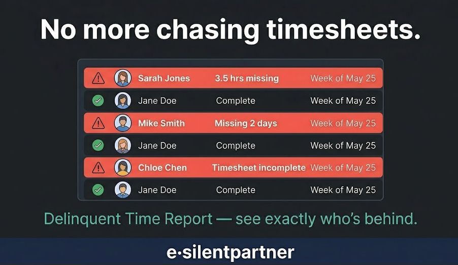 eSilentPARTNER's tweet photo. Chasing timesheets? Stop.

e·silentpartner’s Delinquent Time Report tells you exactly who’s missing hours, by week. Accurate billing starts here.

See time ops 👇

🔗 https://t.co/KysFv1Qo0b https://t.co/9XcJrmFDMM