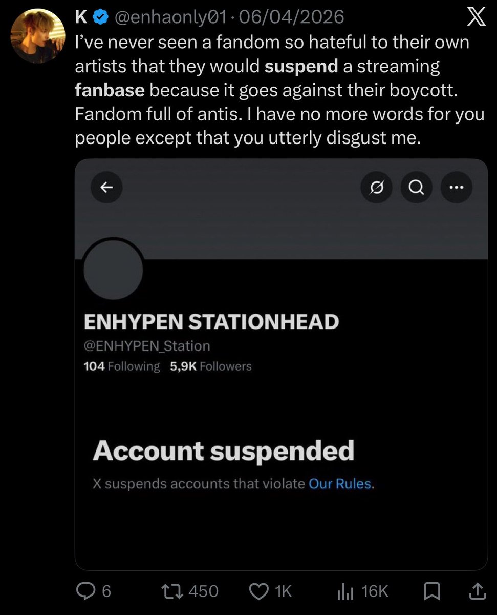 SaiSaikeu's tweet photo. OT7s/boycotters literally got streaming fanbases suspended because they were against the boycott.

So please, don’t try to victimize yourselves.

If anyone lost the plot, it’s you guys.

Stop crying and take accountability for your actions instead of blaming engenes and projecting your mass hysteria onto enhypen and the fandom.

For months you’ve harassed supporters, spread misinformation, guilt-tripped fans, and attacked anyone who didn’t agree with you.

The consequences of those actions are yours to own.

Thank you. ❤️‍🩹
