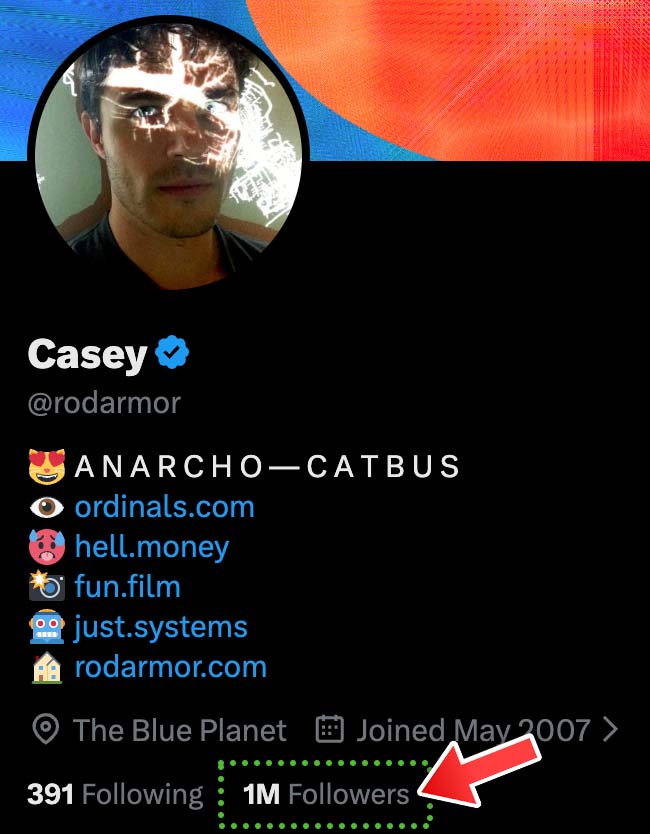 Cryptolution's tweet photo. 🚨JUST IN: @rodarmor (creator of #Runes and Ordinals) hits 1 Million followers 🎉 https://t.co/kRuNyJprw1
