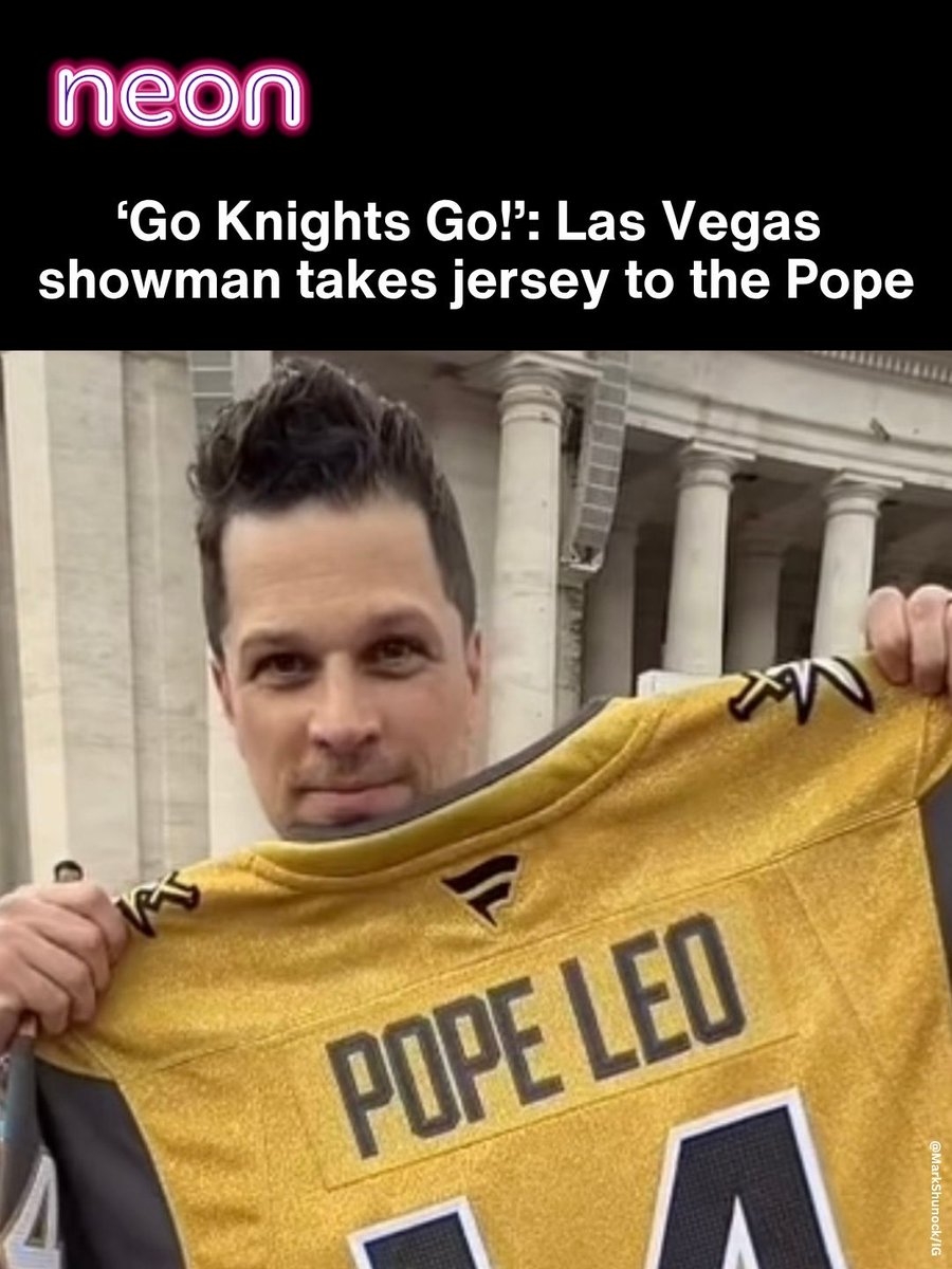reviewjournal's tweet photo. .@GoldenKnights in-arena announcer Mark Shunock toted a gold VGK jersey to St. Peter’s Square in Vatican City on Wednesday. The official game jersey featured “POPE LEO” and No. 14 on the back, commemorating his place as the 14th Pope Leo.
STORY: https://t.co/hwGGyXEPIh https://t.co/awg8kUcJeC