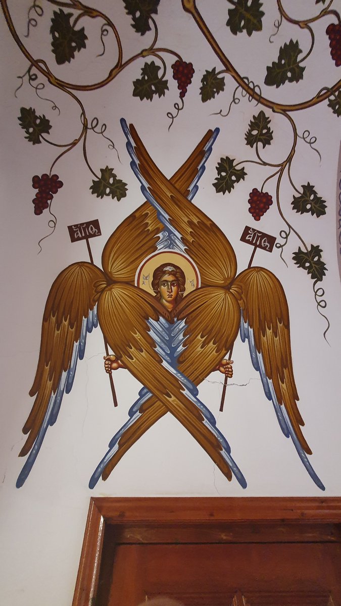 rawlph's tweet photo. A Seraph. Six-winged angel in Byzantine Style, holding signs that say "ἅγιος" (Holy). They're chanting "Holy, Holy, Holy" around God's throne, as they're overwhelmed by His holiness.

Definitely not intended, but I think it carries a certain comic appeal.
(Kykkos Monastery🇨🇾) https://t.co/IJTrC7by3G