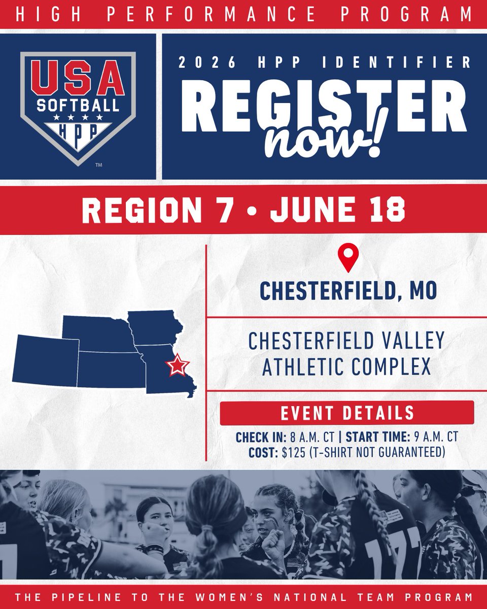 USASoftball's tweet photo. There's still time to 𝗿𝗲𝗴𝗶𝘀𝘁𝗲𝗿 for the Region 7 #HPP Identifier in Chesterfield, MO ‼️

𝑺𝒊𝒈𝒏 𝒖𝒑 𝒏𝒐𝒘 🔗 https://t.co/b1vyUUxLBk https://t.co/kpOhu8YhEb