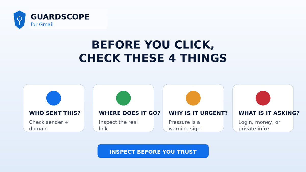 GuardScopeai's tweet photo. Before clicking any email link, ask:

✅ Who really sent this?
✅ Where does the link go?
✅ Why is the message urgent?
✅ Is it asking for login, money, or private info?

That 10-second pause can save you.

#GuardScope #EmailSecurity https://t.co/JTje8WY9aj
