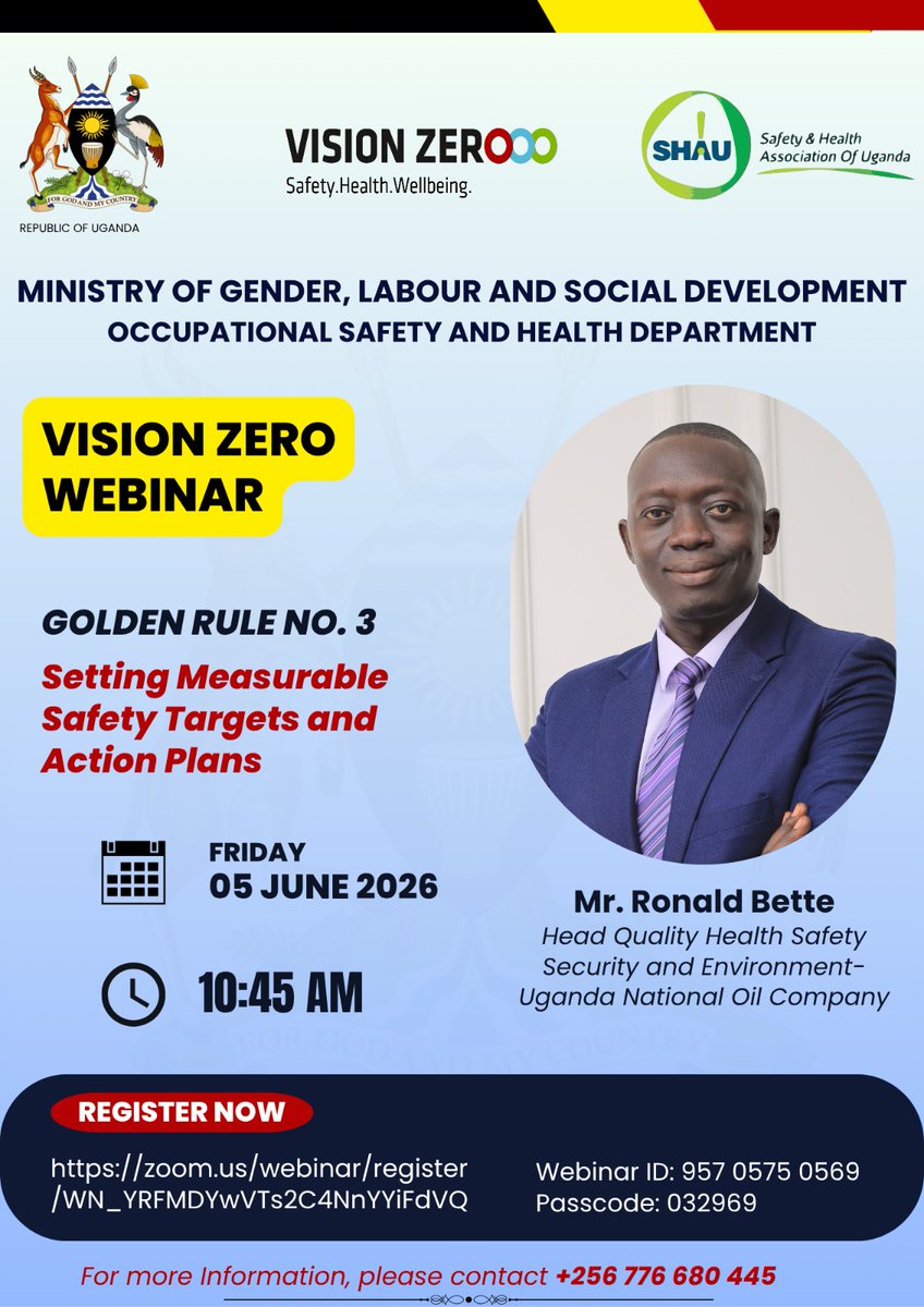 Visionzero_Ug's tweet photo. 📢 Join the Vision Zero Webinar Series on Golden Rule No. 3: Set Targets – Develop Programmes.
Learn how measurable OSH objectives can prevent accidents and improve workplace safety.
REGISTER NOW:
https://t.co/aAqFYhxjYB
@Allen_Kagina @Mglsd_UG @SHAUonline
#VisionZero #OSH https://t.co/tRxJnW1qGL