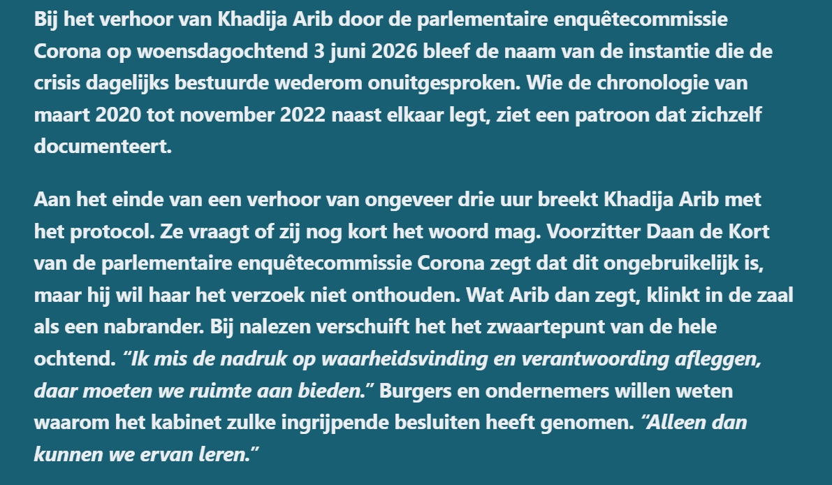 veen_els's tweet photo. Eigenlijk is de parlementaire enquête Corona niet nodig, want alles wat we moeten weten staat in de artikelen die onafhankelijk WOO-onderzoeker Cees van den Bos @CeesCees72 de afgelopen jaren schreef. Vandaag een artikel over het verhoor van Khadija Arib https://t.co/ySZ6q3jNFq https://t.co/fvxfPzdYUN
