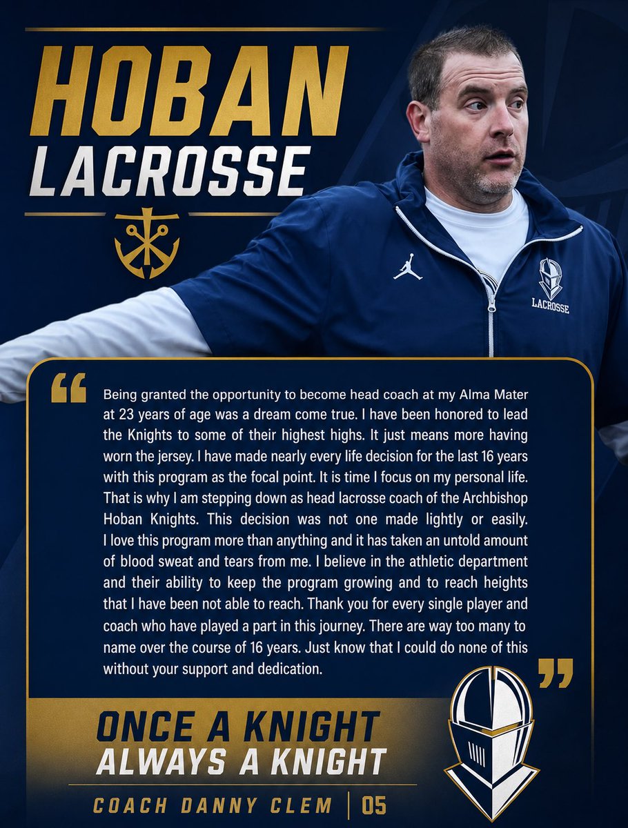 Hoban_lacrosse's tweet photo. Words cannot express the emotions. The very best 16 years of my life. I will miss Hoban Lacrosse with my whole heart and soul. I know the program will continue to grow and takes heights unseen before. 

Coach Dan Clem 05 https://t.co/Afyd4BEVlz