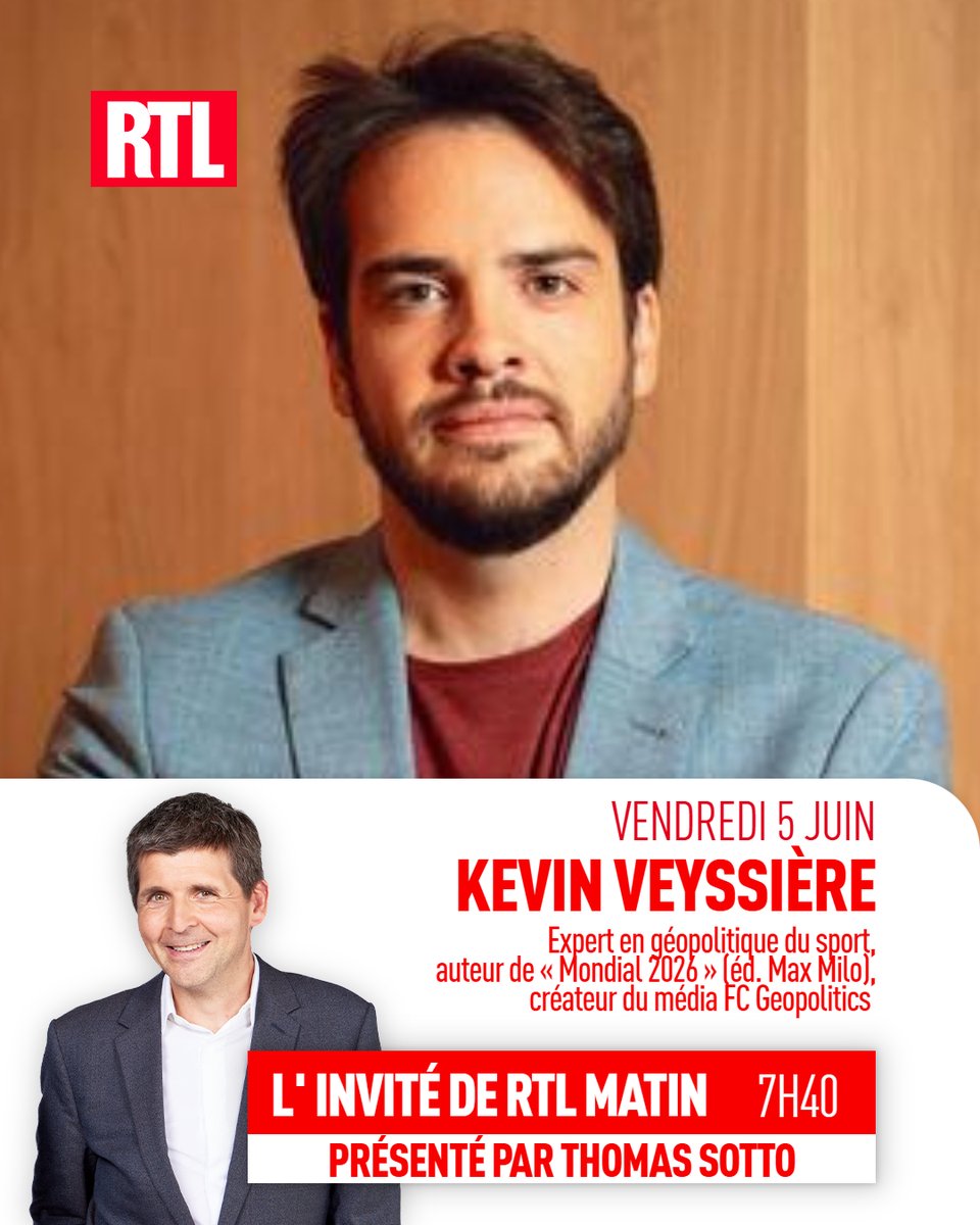 RTLFrance's tweet photo. J-7 avant le Mondial 2026. Avec 48 équipes, 3 pays hôtes pour la première fois et une compétition étalée sur 5 semaines, la Coupe du monde de football va s’ouvrir le 11 juin dans un format inédit. Elle se déroulera aussi dans un contexte international tendu. Guerre au Moyen-Orient, diplomatie de Donald Trump, politique des visas : pour Kevin Veyssière, expert en géopolitique du sport, elle sera l’une des plus politiques du XXIème siècle. Il est l’invité de @ThomasSotto ce vendredi 5 juin à 7h40 dans #RTLMatin