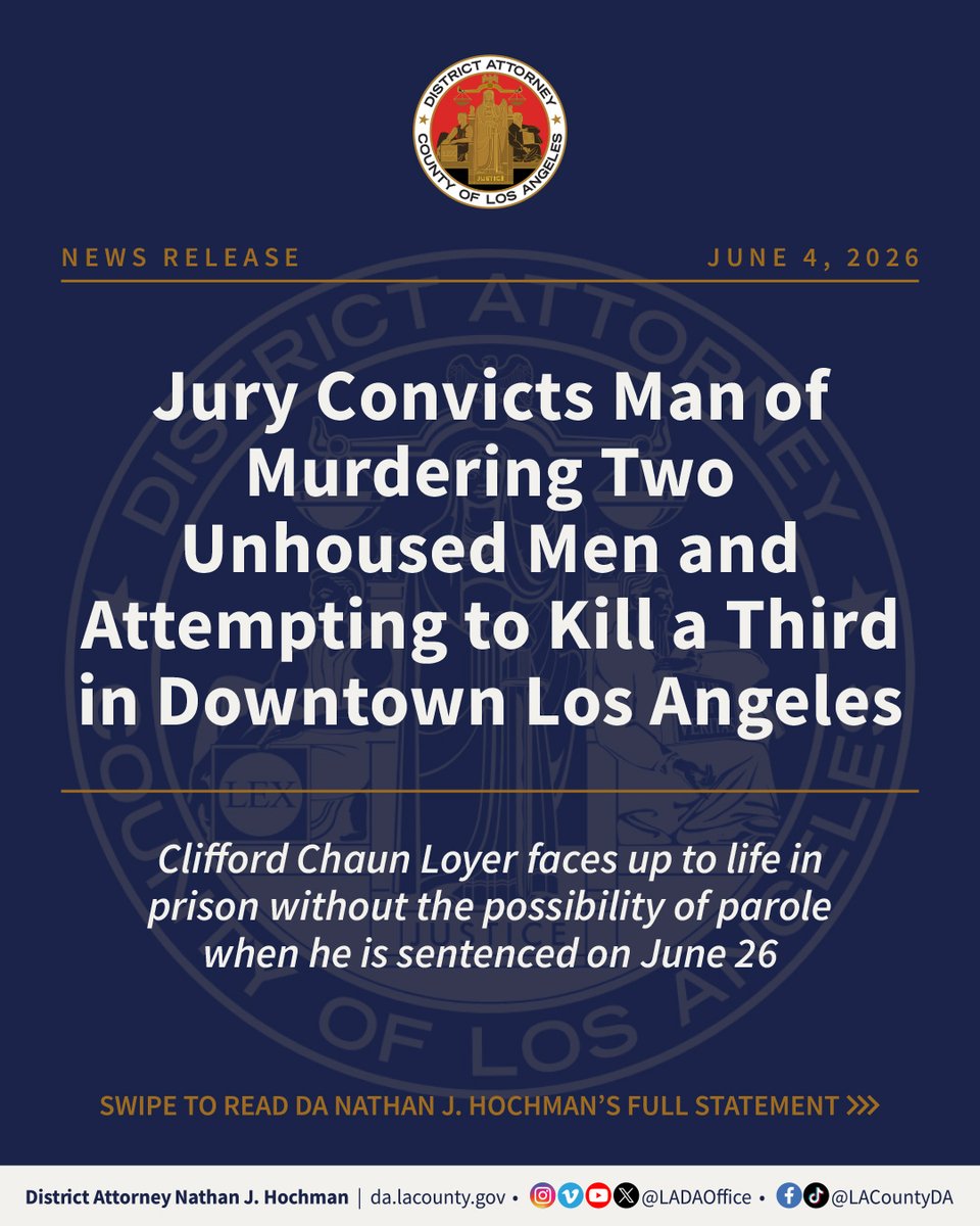 LADAOffice's tweet photo. A jury today found Clifford Chaun Loyer guilty on all counts and found true the special circumstance allegation of multiple murders for a 2024 two-day shooting spree in downtown Los Angeles.

Click the link in our bio to read the full press release.
#LADAOffice #DANathanHochman https://t.co/iAD7pSblCD