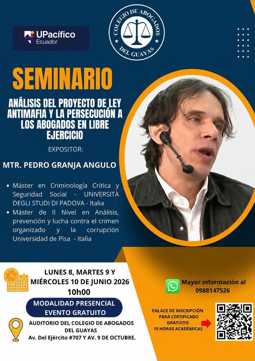 EcEnDirecto's tweet photo. El Colegio de Abogados del Guayas invita al Ciclo de Conferencias para analizar el proyecto de Ley Antimafia. El histórico gremio expresa su rechazo a la criminalización de la abogacía y plantea serios cuestionamientos a este paquete de reformas.
El evento se realizará el lunes 8 de junio, a las 10:00, en la sede del CAG. Uno de los expositores será el Dr. Pedro Granja, experto en criminología.